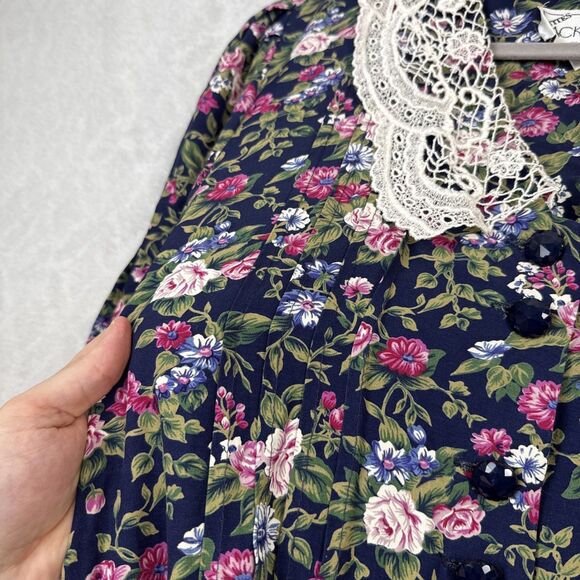 Vtg Floral Midi Dress M Petite Lace Collar Belt Modest Twee Grandma Cottage 80s - Picture 5 of 15